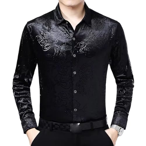 WOLONG Chinesischer Drachen Stickerei Hemd Herren Slim Fit Langarm Casual Hemden Herren Button-Down Gesellschafts Party Hemd Black L von WOLONG