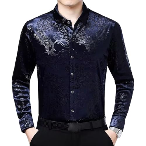 WOLONG Chinesischer Drachen Stickerei Hemd Herren Slim Fit Langarm Casual Hemden Herren Button-Down Gesellschafts Party Hemd Navy9 L von WOLONG