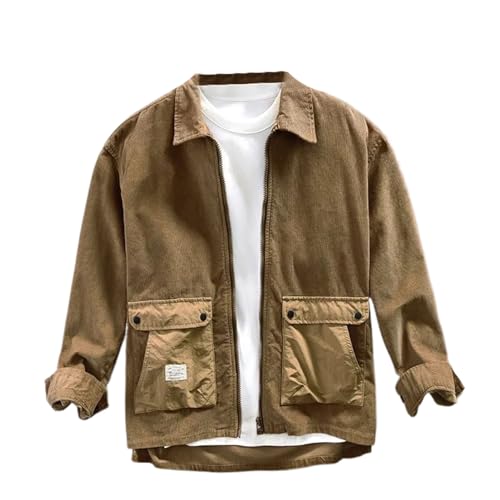 WOLONG Langarm-Reißverschlusshemd für Herren japanischer Stil Cargo-Freizeithemden Cord-Taschen-Khaki-Hemd Baumwolle lockere Oberteile Khaki S von WOLONG