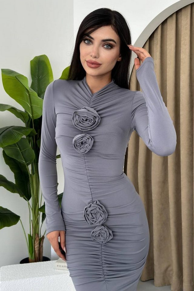 WOMAN VISION Abendkleid Blaues Sandy Stoff Gerafftes und Schlitz Detail Damen Midi Kleid mit R von WOMAN VISION