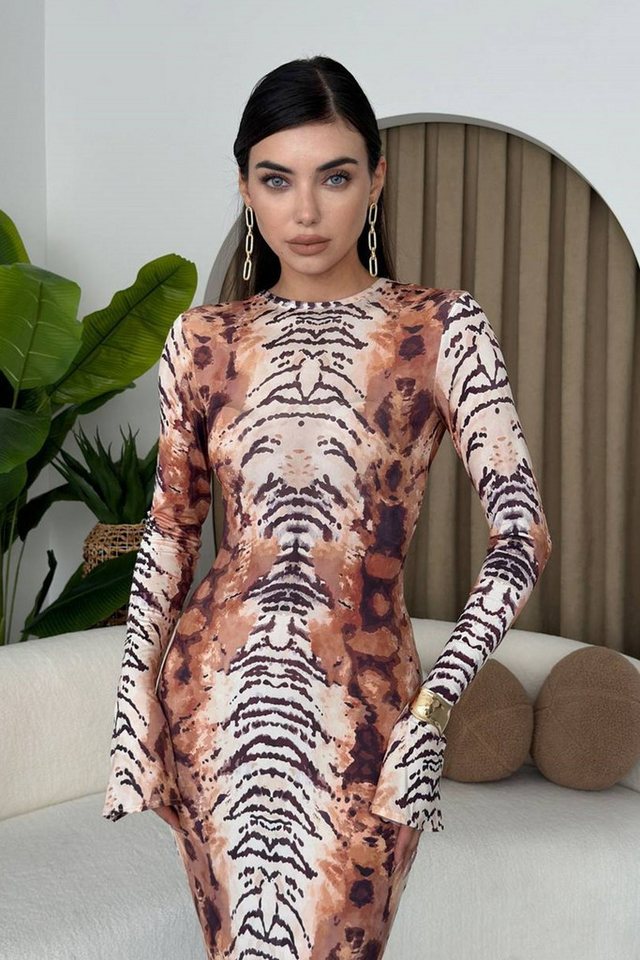 WOMAN VISION Abendkleid Damen Digitaldruck Sandy Stoff Fahrrad Hals Langarm Midi Abendkleid 32 von WOMAN VISION