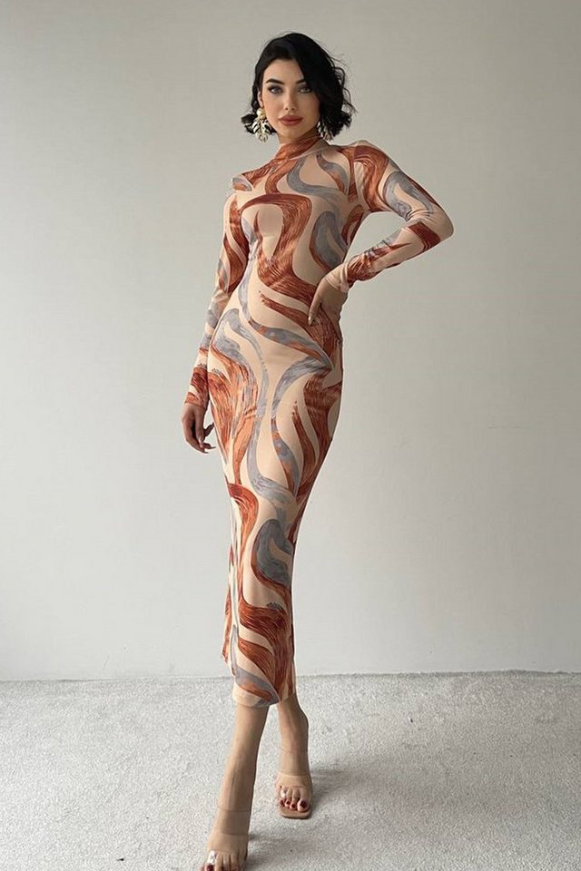 WOMAN VISION Abendkleid Damen Geometrisches Muster Digitaldruck Stretch Stoff V-Ausschnitt Mid von WOMAN VISION