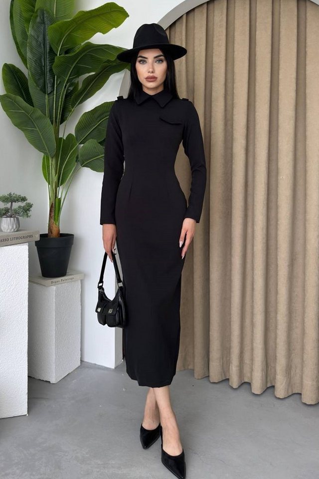 WOMAN VISION Abendkleid Damen Schwarzes Atlas-Stoffhemd mit Kragen-Detail Midi Bleistiftkleid von WOMAN VISION