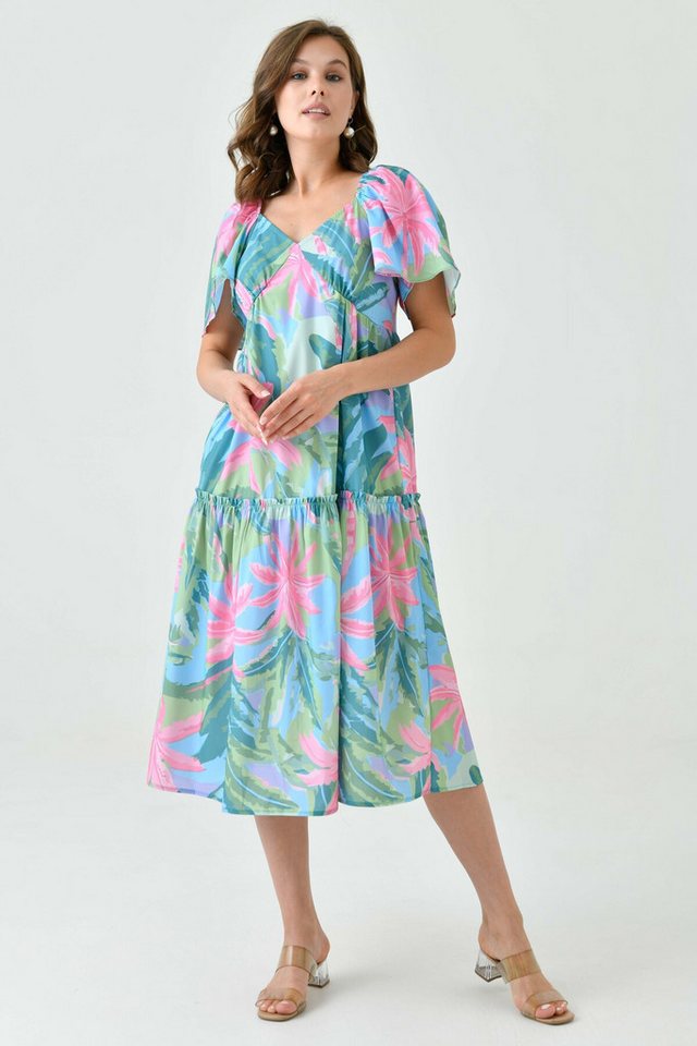 WOMAN VISION Abendkleid Damen Tropischer Print Schwingendes V-Ausschnitt Midi Kleid mit Gipe D von WOMAN VISION