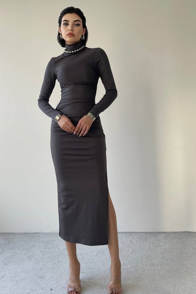 WOMAN VISION Abendkleid Rotes Sandy-Stoff Halb-Fischerhals und Schlitz-Design Midi-Abendkleid von WOMAN VISION