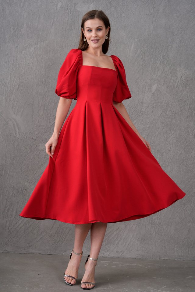 WOMAN VISION Abendkleid Weißes Trägerloses Midi-Kleid mit Ballonärmeln und Plissiertem Ausgest von WOMAN VISION