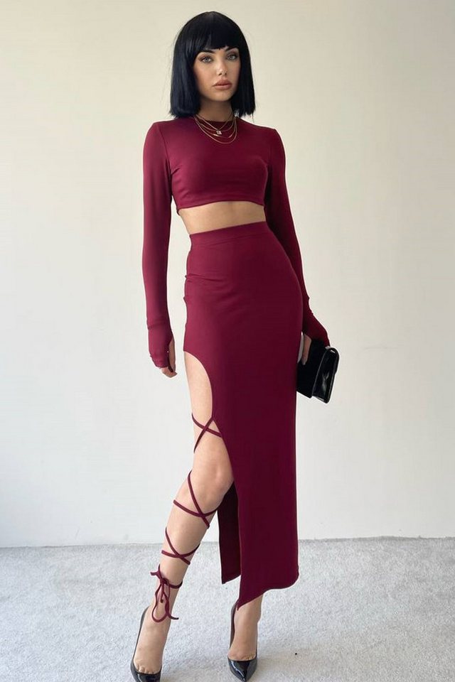 WOMAN VISION Blusentop Blaues Sandy-Stoff Damen Crop Top und Schlitz Schnür-Detail Midi Rock von WOMAN VISION