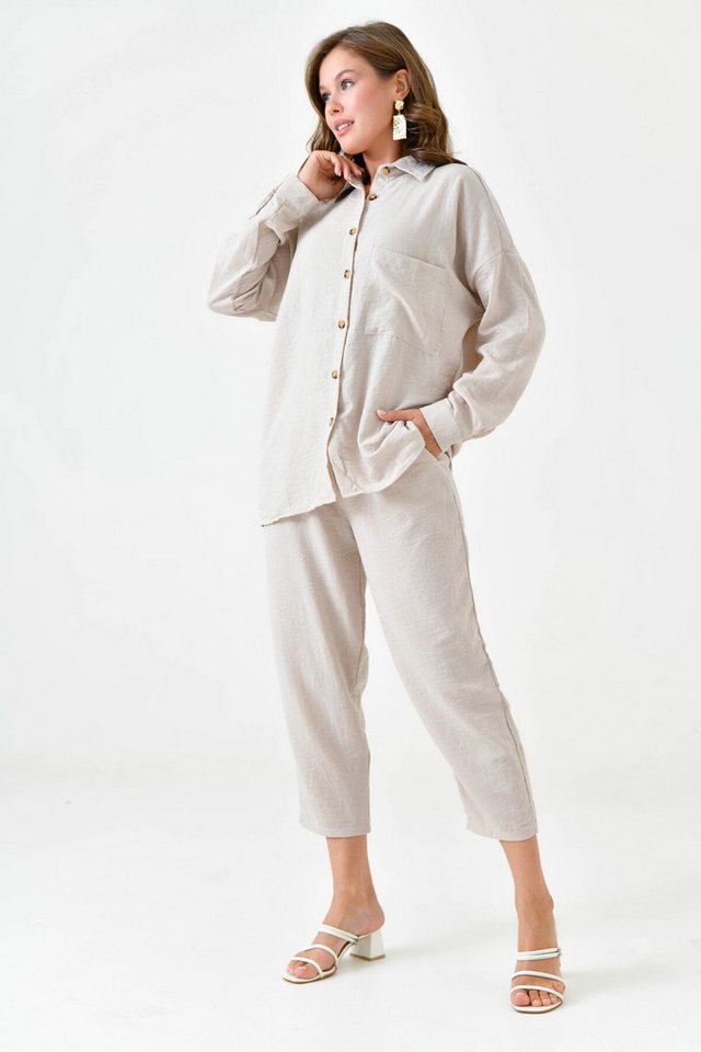 WOMAN VISION Blusentop Damen Beige Leinen Stoff Shirt und Hose Set mit Einzel Tasche Detail - von WOMAN VISION
