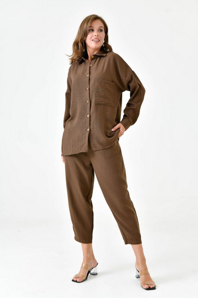 WOMAN VISION Blusentop Damen Beige Leinen Stoff Shirt und Hose Set mit Einzel Tasche Detail - von WOMAN VISION