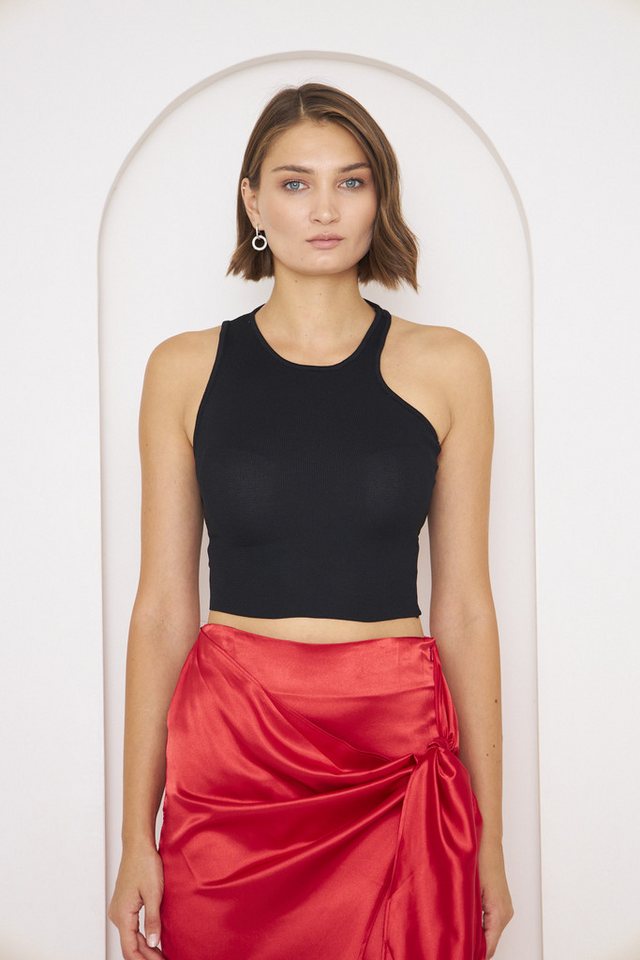 WOMAN VISION Blusentop Damen Blaue Asymmetrische Crop-Bluse mit Flexibler Stoff und Rücken De von WOMAN VISION