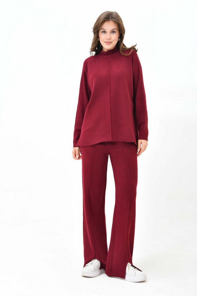 WOMAN VISION Blusentop Damen Hoher Hals Rippstrick Pullover und High-Waist Hose Set in Burgun von WOMAN VISION