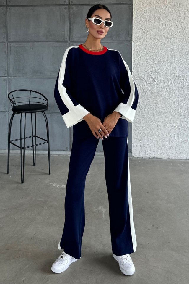 WOMAN VISION Blusentop Damen Marine Stretch Jersey Gestreiftes Split Pullover und Hose Oversi von WOMAN VISION