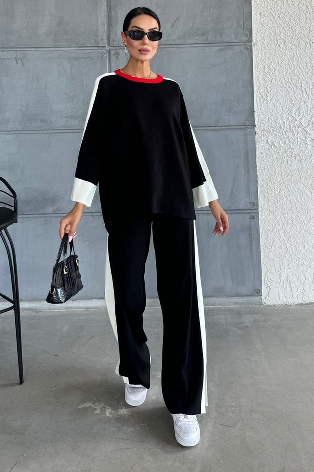 WOMAN VISION Blusentop Damen Marine Stretch Jersey Gestreiftes Split Pullover und Hose Oversi von WOMAN VISION