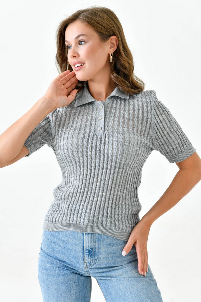 WOMAN VISION Blusentop Damen Schwarze Strickbluse mit Zopfmuster und kurzen Ärmeln von WOMAN VISION