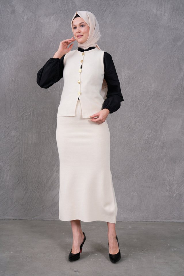 WOMAN VISION Frackhose Bescheidene ärmellose Knopfweste und hoch taillierter Midi-Rock in Ecr von WOMAN VISION