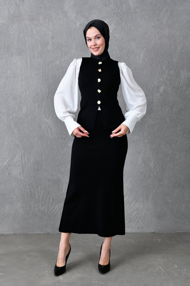 WOMAN VISION Frackhose Bescheidene ärmellose Knopfweste und hoch taillierter Midi-Rock in Ecr von WOMAN VISION