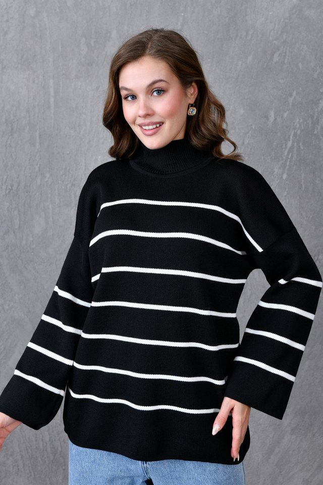 WOMAN VISION Longpullunder Damen Oversized Gestreifter Schwarzer Strickpullover - Weiter Ausschni von WOMAN VISION