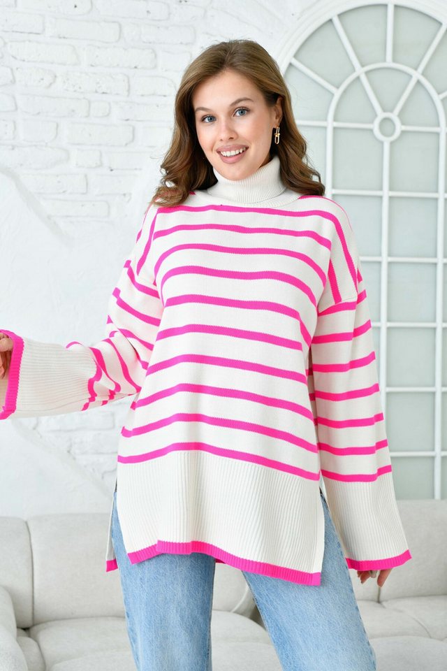 WOMAN VISION Longpullunder Rosa Gestreifter Oversized-Strickpullover mit tiefen Schultern und Sei von WOMAN VISION