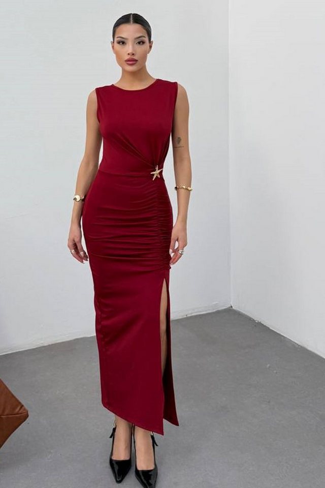 WOMAN VISION Minikleid Damen Burgunderrote Drapierung und Schlitz Detail Ärmelloses Midi-Klei von WOMAN VISION