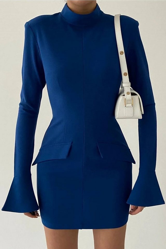 WOMAN VISION Minikleid Damen Crepe Stoff Faux Taschen Design V-Ausschnitt Langarm Mini Blau K von WOMAN VISION