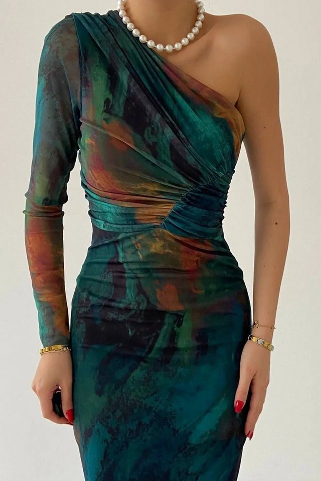 WOMAN VISION Minikleid Damen Digitaldruck Bandeau-Midi-Kleid mit Einzelärmel und Rüschen-Desi von WOMAN VISION