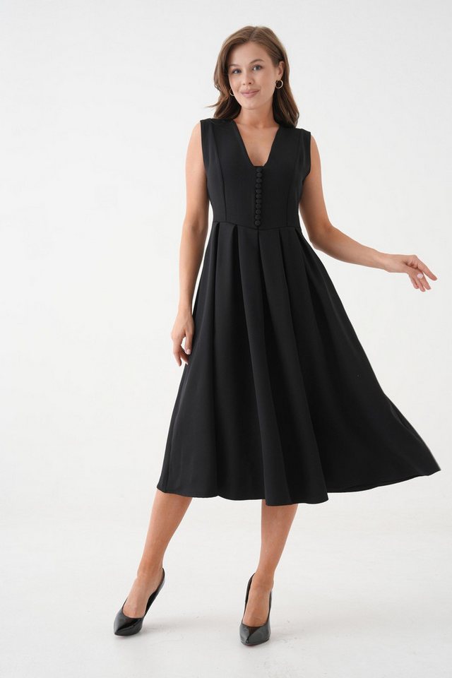 WOMAN VISION Minikleid Damen Doppelstoff Falten A-Linie Knopfleiste V-Ausschnitt Midi Schwarz von WOMAN VISION