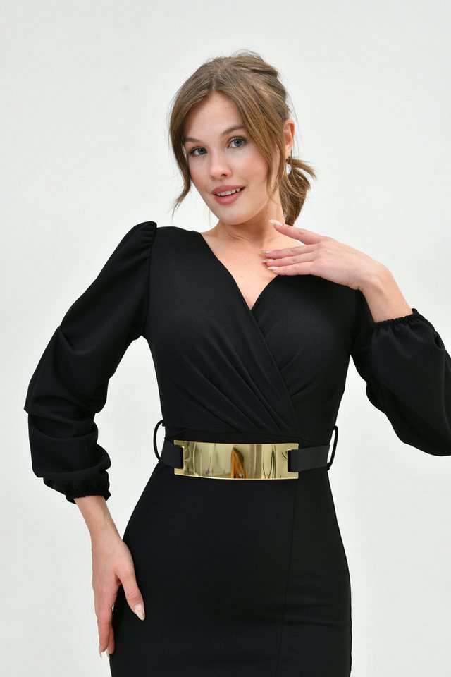 WOMAN VISION Minikleid Damen Gürtel Crepe Stoff Schlitz Kurzarm Midi Wickel Schwarz Abendklei von WOMAN VISION