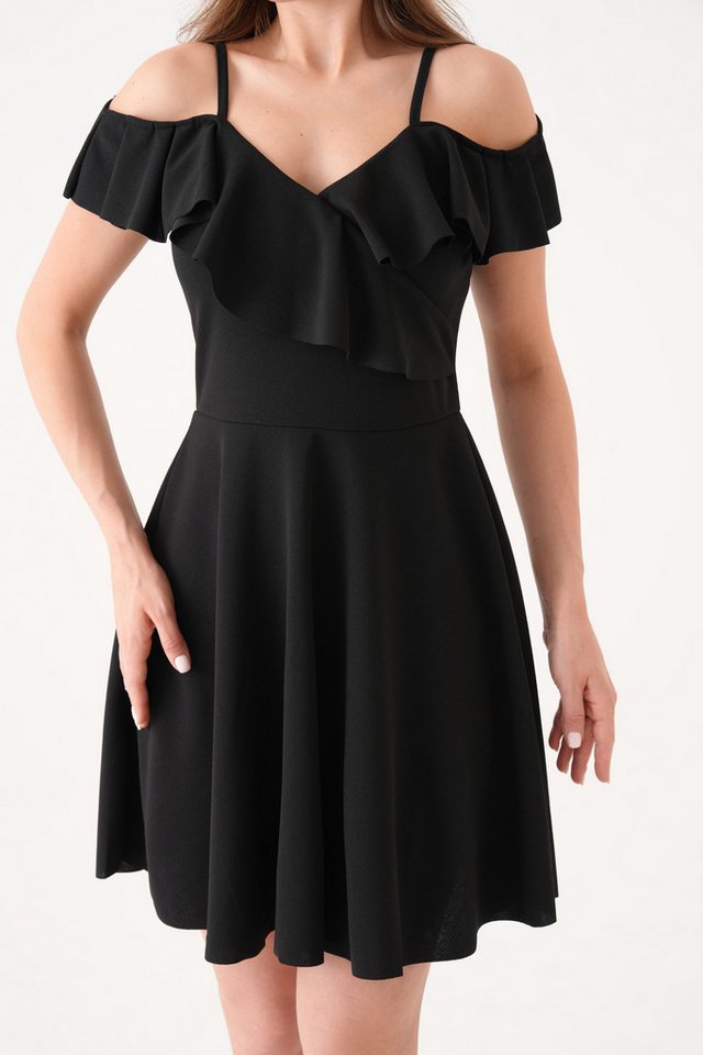 WOMAN VISION Minikleid Damen Rüschen Detail Slim Träger Stretch Stoff Schwarzes Kleid 077 von WOMAN VISION