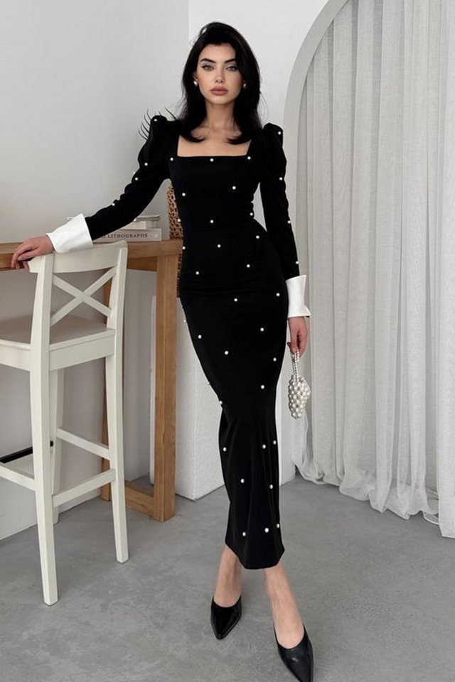 WOMAN VISION Minikleid Damen Schwarzes Midi-Kleid mit Inci Çakım Atlas Stoff, Quadratischer A von WOMAN VISION