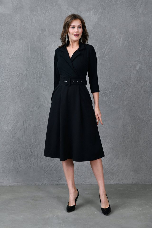WOMAN VISION Minikleid Damen Schwarzes Midi-Kleid mit Wickelausschnitt, 3/4 Ärmeln und Gürtel von WOMAN VISION
