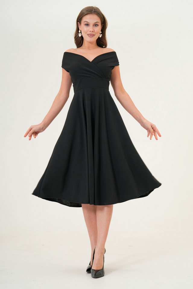 WOMAN VISION Minikleid Damen Schwarzes Stretch-Stoff Wickelhals-Design Schwarzes Midi-Kleid 0 von WOMAN VISION