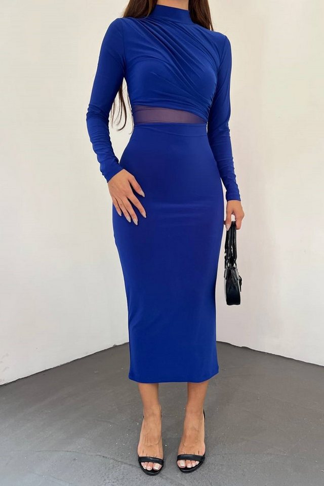 WOMAN VISION Minikleid Damen Stretch Sandy Stoff Tüll Ausschnitt Langarm Midi Blau Kleid von WOMAN VISION