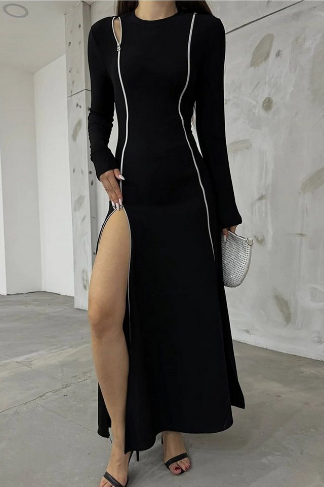 WOMAN VISION Minikleid Damen Stretch Stoff Langarm Doppel-Reißverschluss Schlitz Detail Kleid von WOMAN VISION