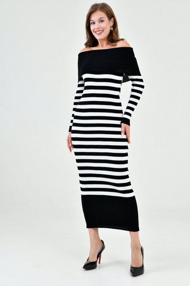 WOMAN VISION Minikleid Damen Weiß Gestreiftes Midi-Strickkleid mit Madonna-Ausschnitt und Lan von WOMAN VISION