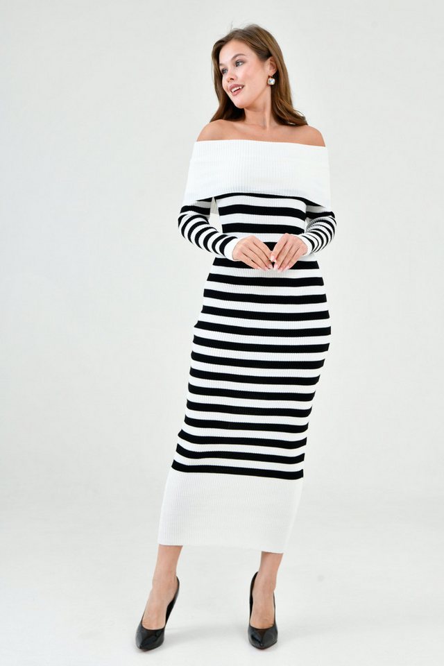 WOMAN VISION Minikleid Damen Weiß Gestreiftes Midi-Strickkleid mit Madonna-Ausschnitt und Lan von WOMAN VISION