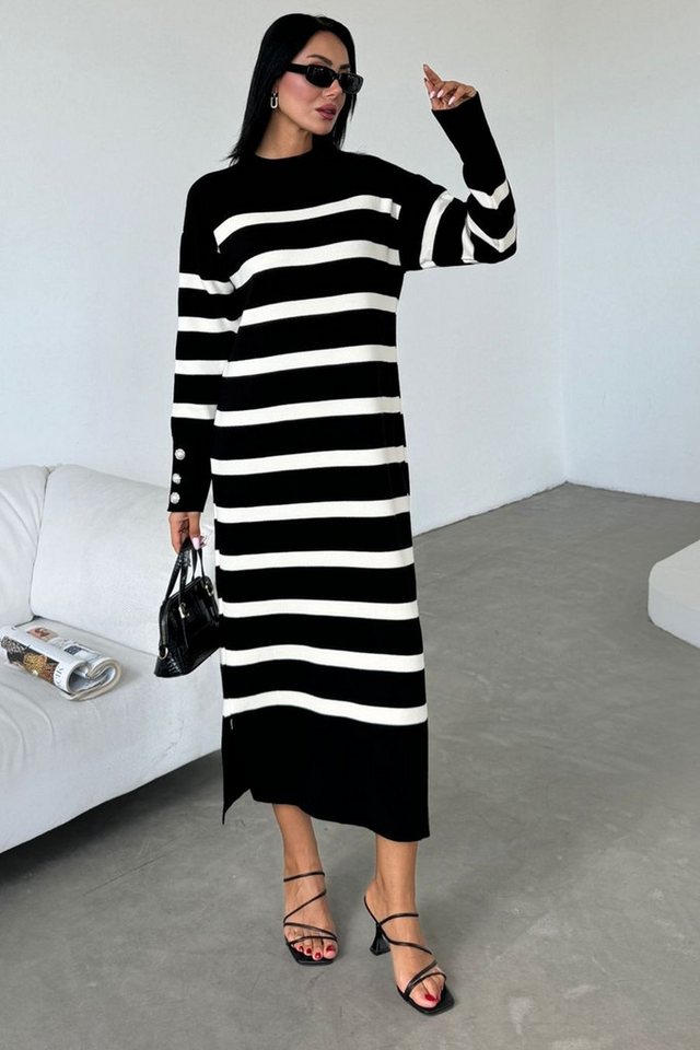 WOMAN VISION Minikleid Gestreiftes Schwarzes Midi-Kleid mit Langen Ärmeln, Tiefer Schulter un von WOMAN VISION