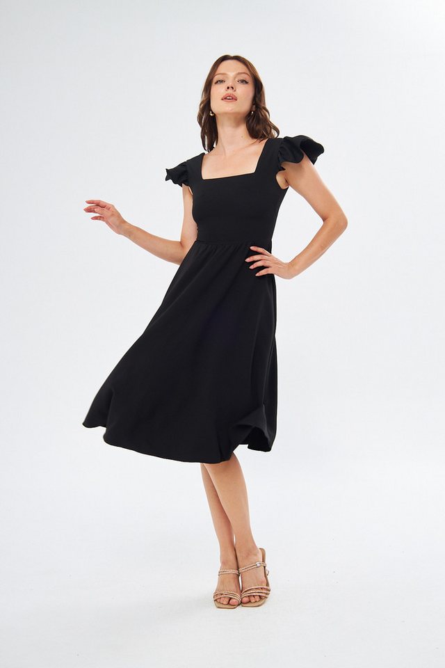 WOMAN VISION Minikleid Schwarzes Atlas-Stoff Quadrat-Ausschnitt Midi-Kleid mit Schulter-Desig von WOMAN VISION