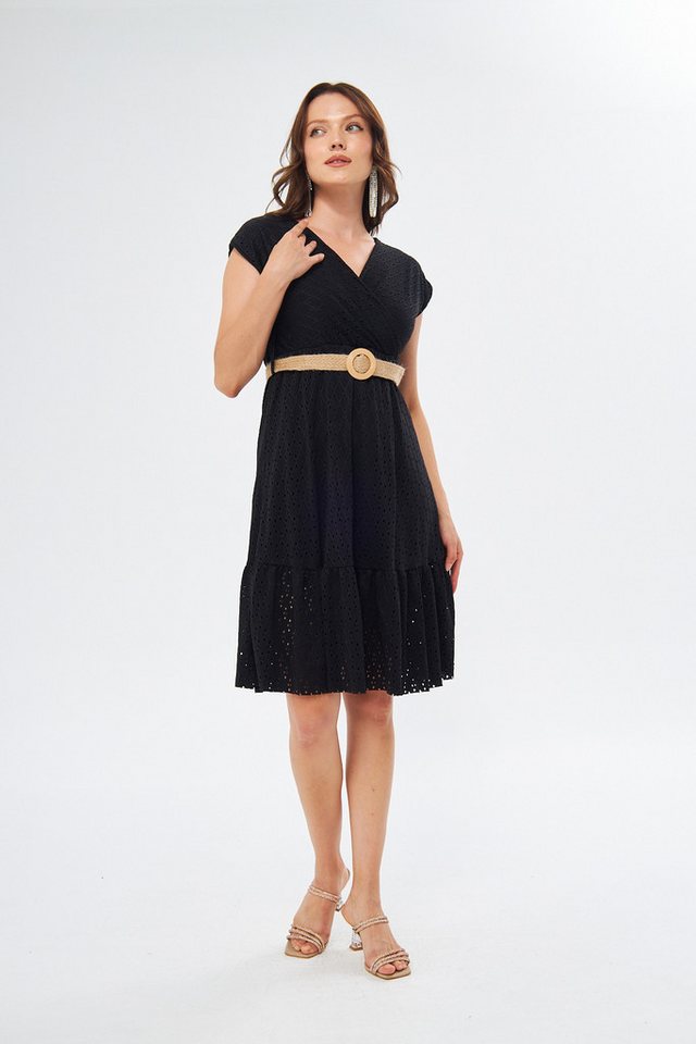 WOMAN VISION Minikleid Schwarzes Stretch-Stoff Wickel-Hals Gürtel Ärmellos Ausgestelltes Klei von WOMAN VISION