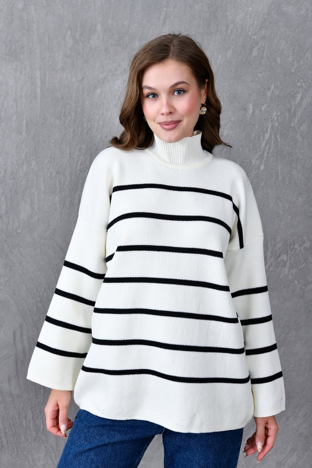 WOMAN VISION Strickpullover Damen Off-Shoulder Weite Ärmel Stehkragen Langarm Oversize Muster Gest von WOMAN VISION