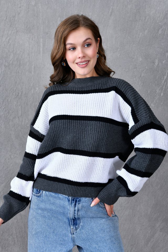 WOMAN VISION Strickpullover Damen Oversized Gestreifter Grauer Strickpullover - Fahrradkragen, Übe von WOMAN VISION