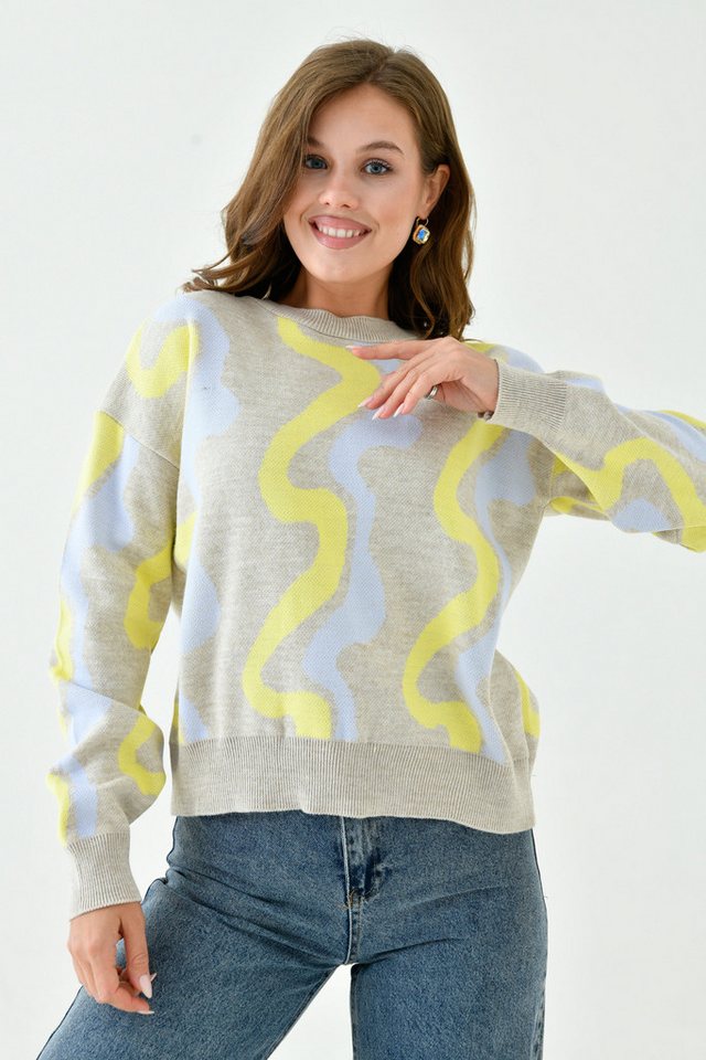 WOMAN VISION Strickpullover Damen V-Ausschnitt Strickpullover mit geometrischem Muster 0257 von WOMAN VISION