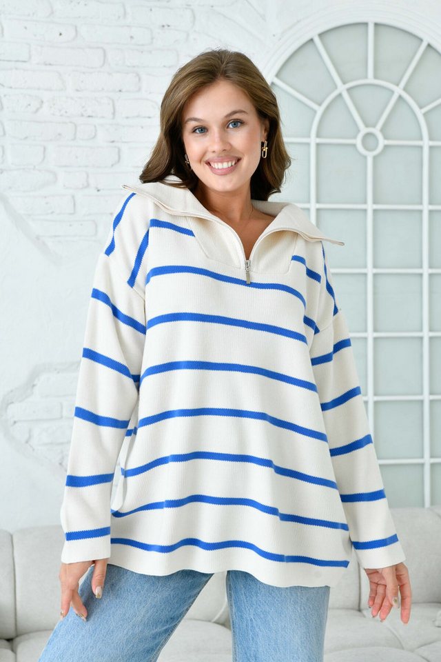 WOMAN VISION Strickpullover Grüner Gestreifter Oversize-Strickpullover mit Reißverschluss und tief von WOMAN VISION