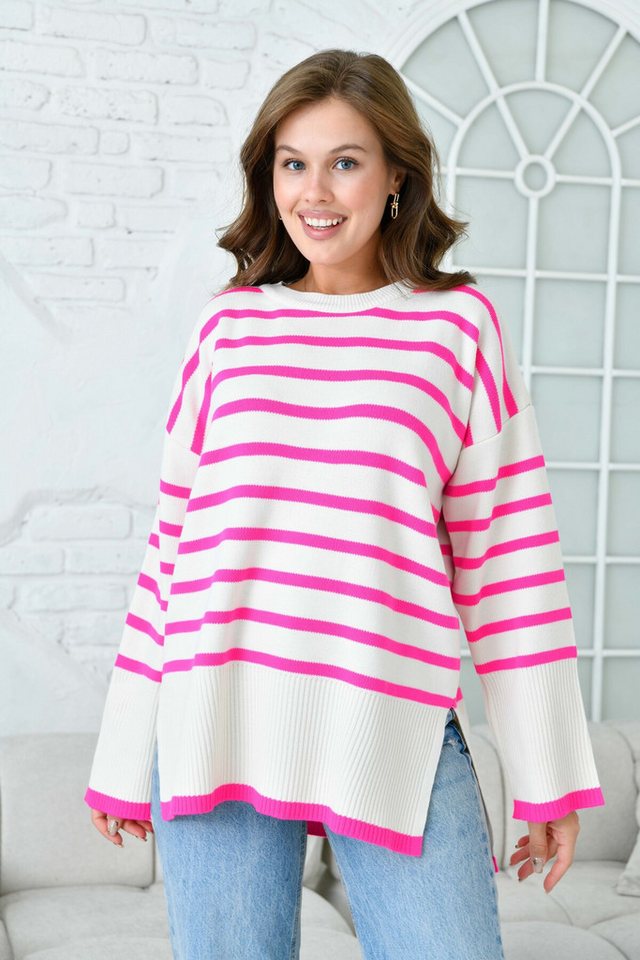 WOMAN VISION Strickpullover Schwarzer Oversized-Langarm-Pullover mit Streifen, Schlitzhals und Fah von WOMAN VISION