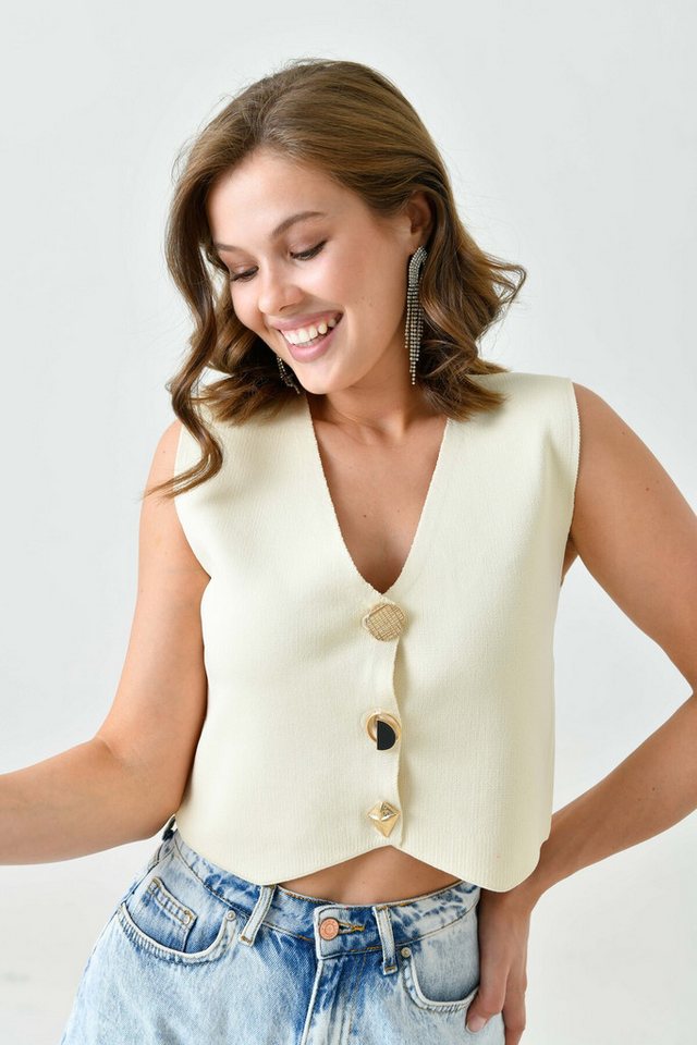 WOMAN VISION Windbreaker Damen Pinkes Stretch-Strickgewebe Design Knopfleiste Pink Crop Weste 9 von WOMAN VISION