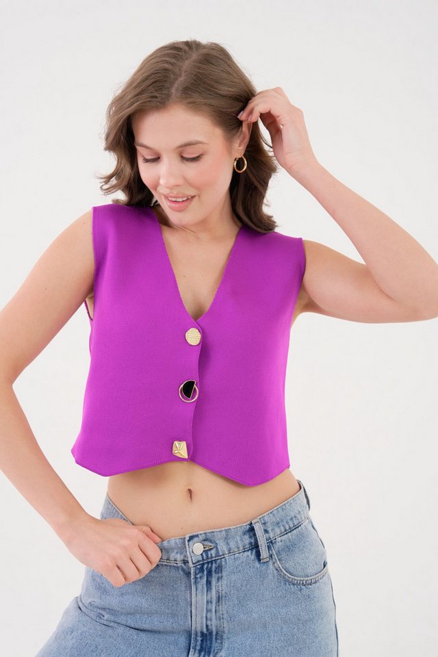 WOMAN VISION Windbreaker Damen Pinkes Stretch-Strickgewebe Design Knopfleiste Pink Crop Weste 9 von WOMAN VISION