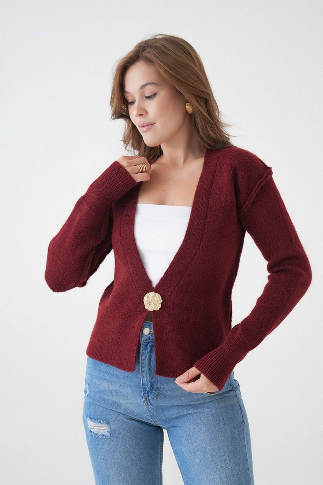 WOMAN VISION Windbreaker V-Ausschnitt Knopf-Detail Langarm Schwarz Strickjacke 3481 von WOMAN VISION