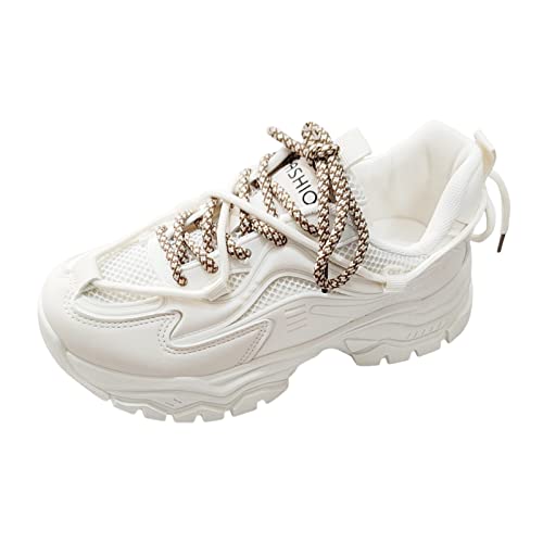 Atmungsaktive Mesh-Patch-Schnürschuhe mit Dicker Sohle Sportschuhe Rennrad Schuhe Damen klick (White, 38) von WOMELF