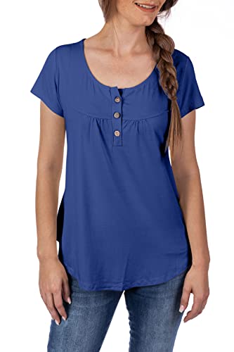 U&F Damen Basic Shirt | Umspieltes Dekollete in Rundhals mit Knöpfen | perfekte Passform, auch für Problemzonen | modischer eleganter Look | Blau Größe: L von WOMEN'S WEAR U&F FASHIONSTORE