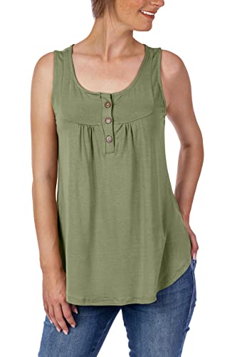 U&F Damen Basic Top | Umspieltes Dekollete in Rundhals mit Knöpfen für Frühling, Sommer oder Herbst | perfekte Passform, auch für Problemzonen | modischer eleganter Look Oliv Größe: L von WOMEN'S WEAR U&F FASHIONSTORE