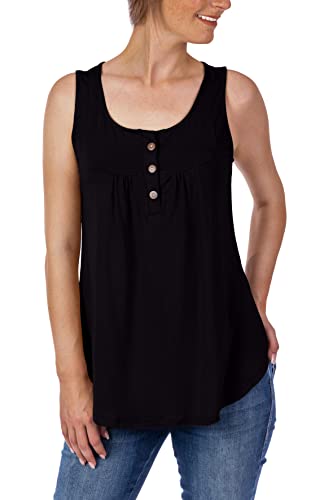 U&F Damen Basic Top | Umspieltes Dekollete in Rundhals mit Knöpfen für Frühling, Sommer oder Herbst | perfekte Passform, auch für Problemzonen | modischer eleganter Look Schwarz Größe: L von WOMEN'S WEAR U&F FASHIONSTORE